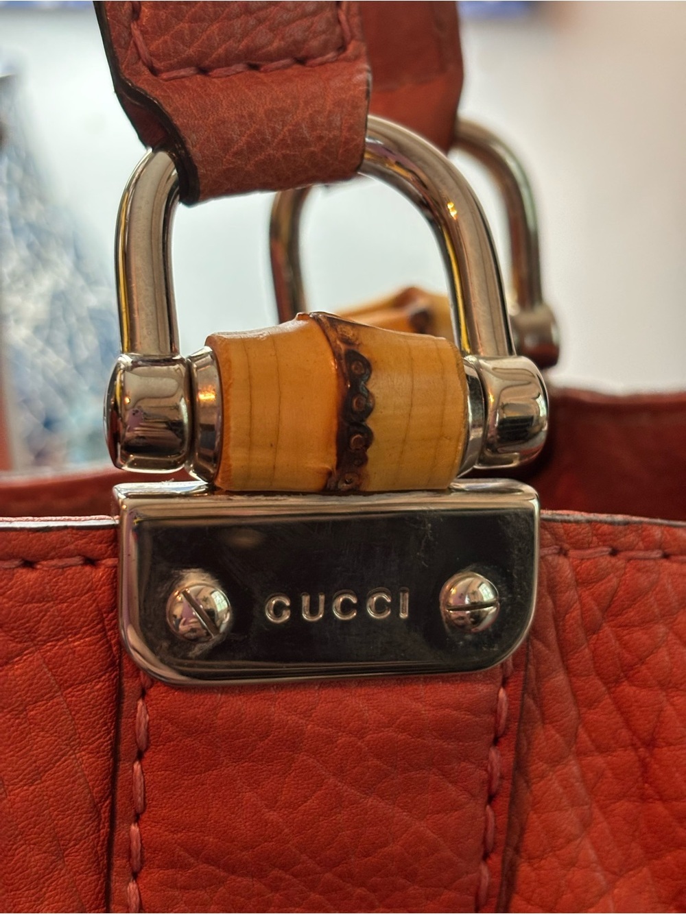 Auth Gucci Vintage Libeccio Medium Bamboo Bar Tote -Orange/Rust Pebbled Leather - Picture 4 of 16